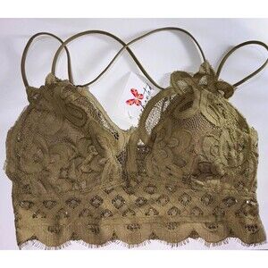 COLOR ALIEN Green Floral Lace Sheer Wireless Bralette Bra Spaghetti Straps M